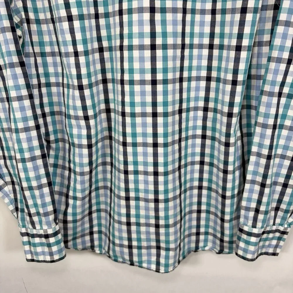 J.Crew Button Down Shirt Mens Large Blue Teal Black Gingham Check Long Sleeve